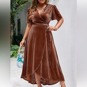 BerryGo Women's Velvet V Neck Wrap Dress Rust Earthy Orange